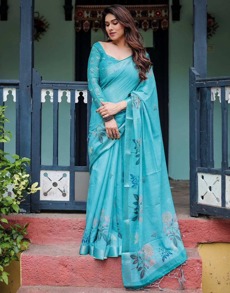 Blue Linen Printed Saree