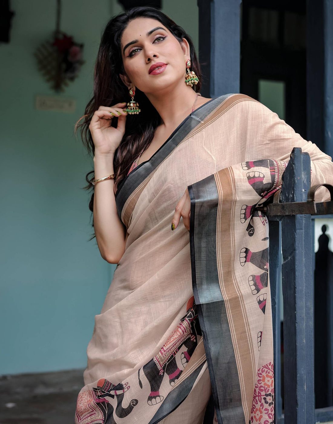Off White Linen Printed Saree