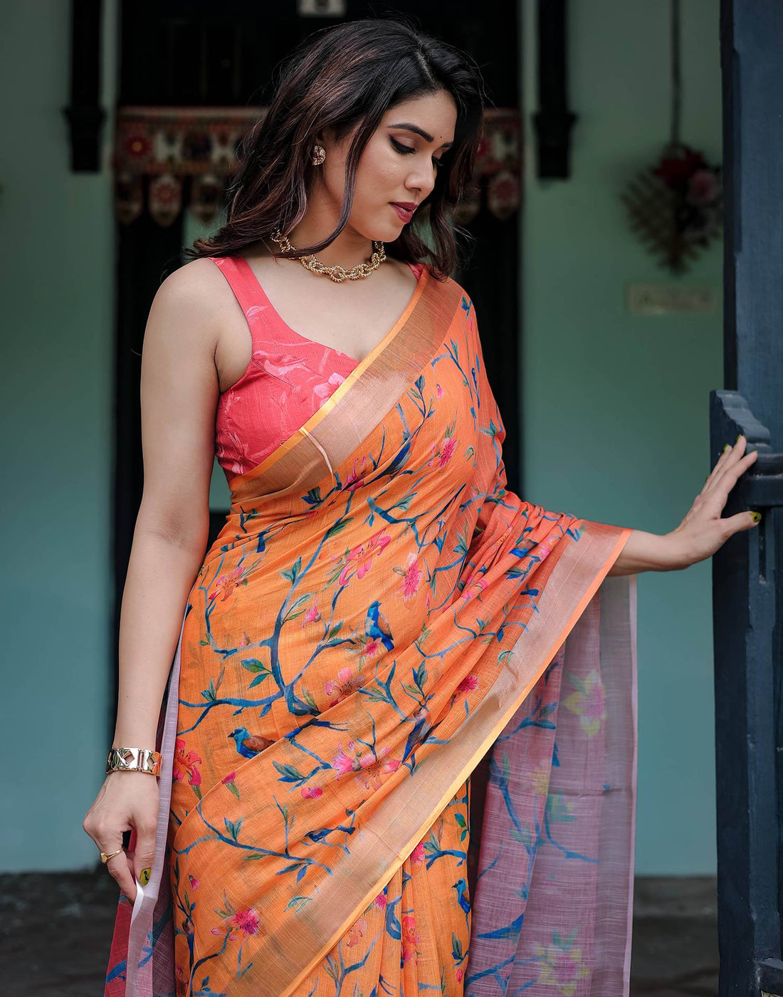 Orange Linen Printed Saree