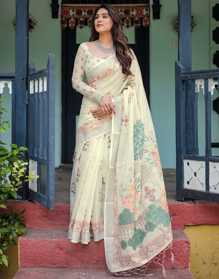 Cream Linen Printed Saree