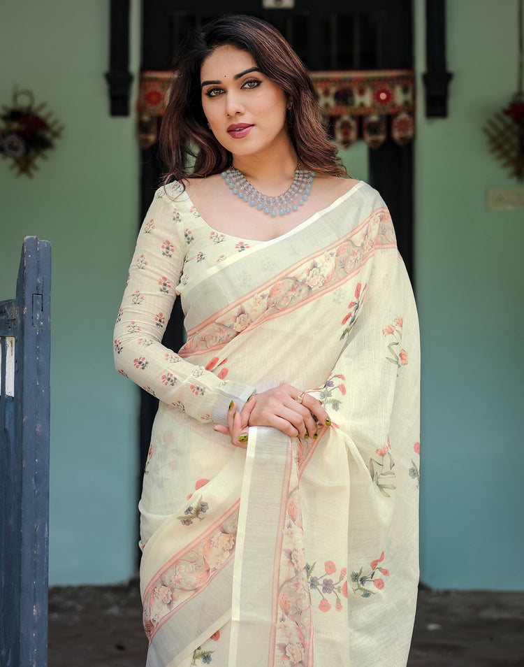 Cream Linen Printed Saree