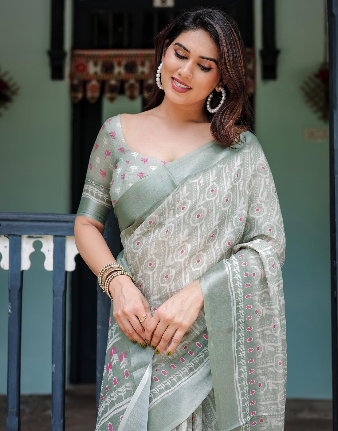 Dusty Green Linen Printed Saree