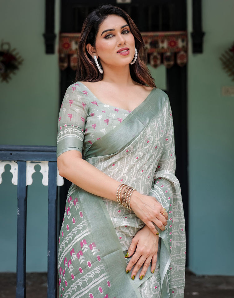 Dusty Green Linen Printed Saree