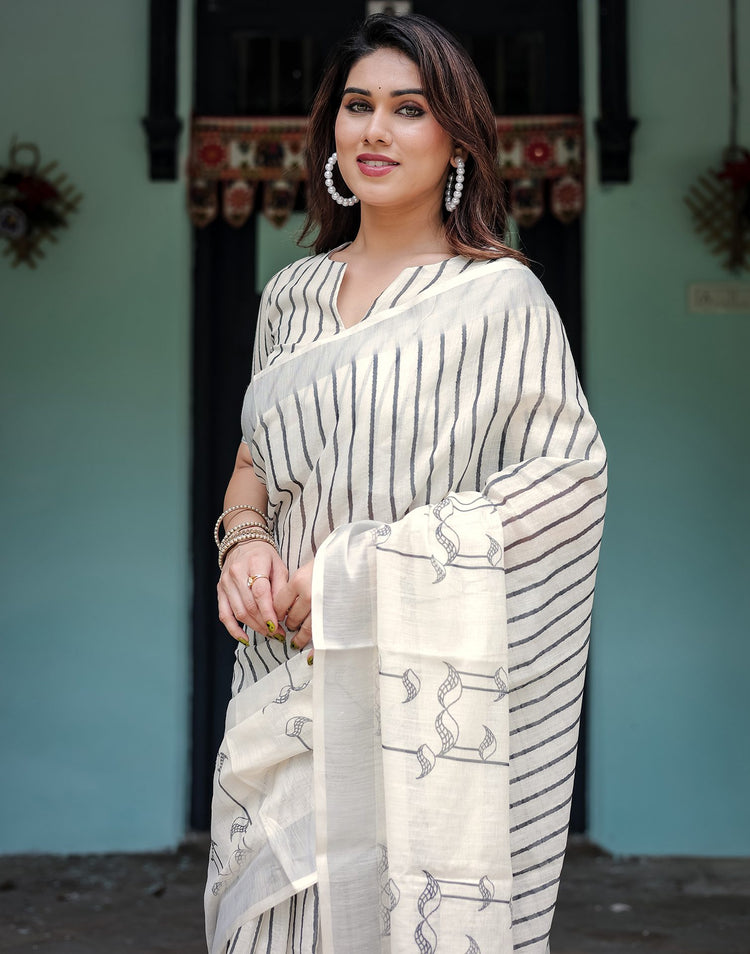 Off White Linen Printed Saree