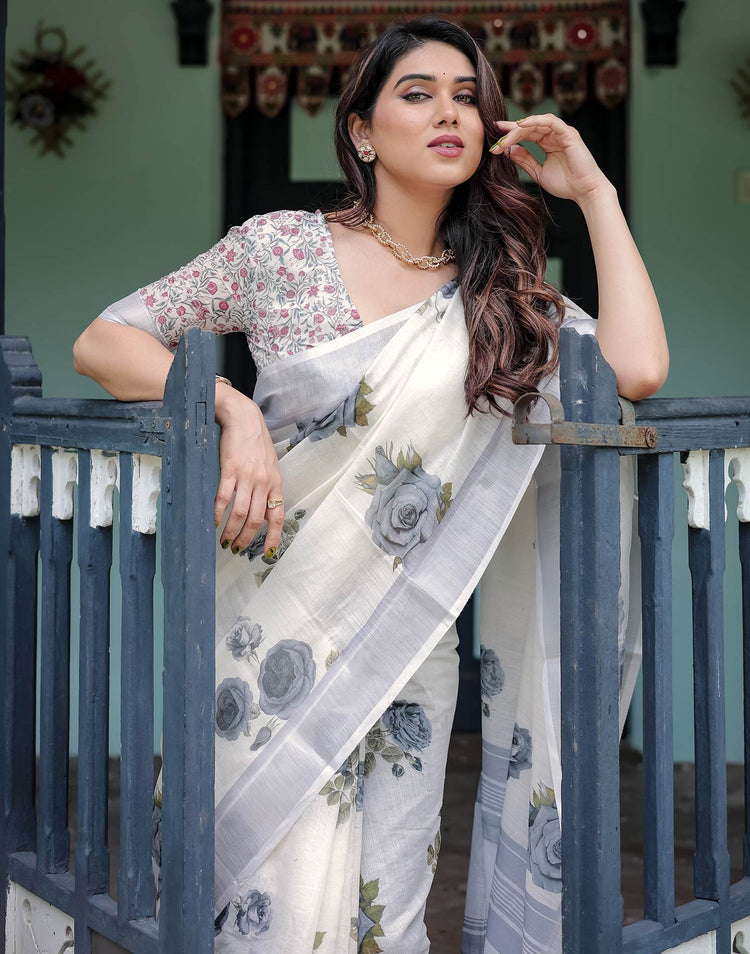 Off White Linen Printed Saree