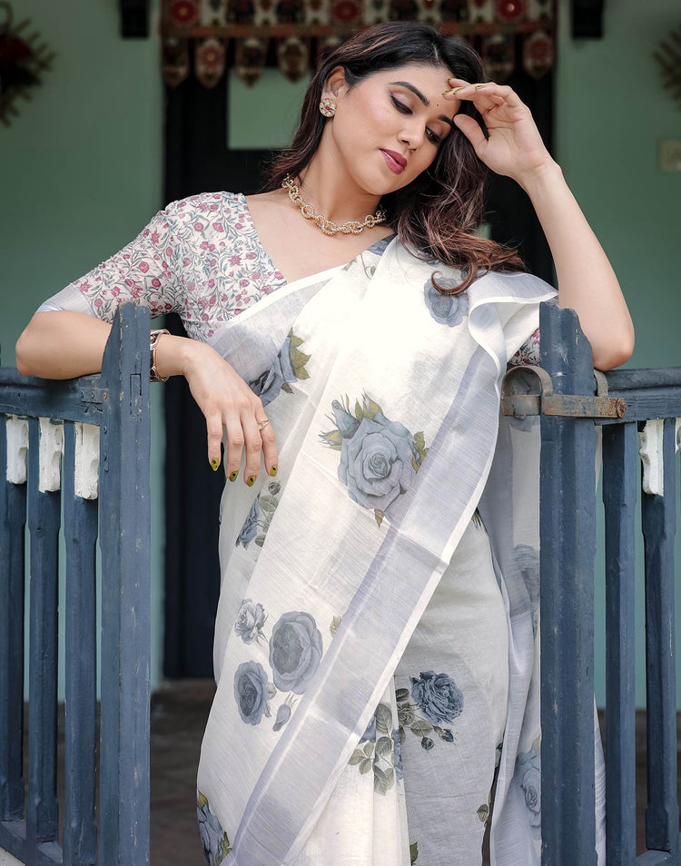 Off White Linen Printed Saree