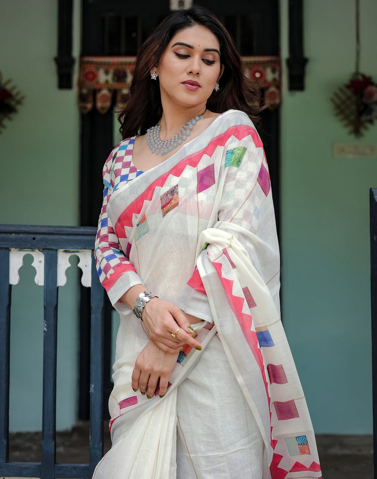 White Linen Printed Saree