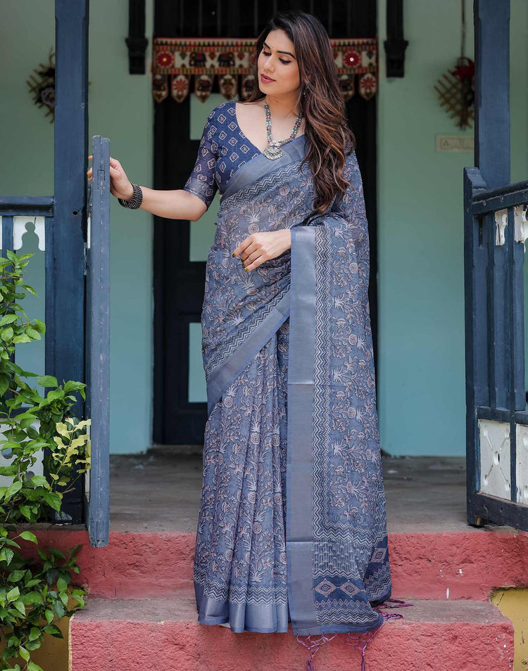 Blue Linen Printed Saree