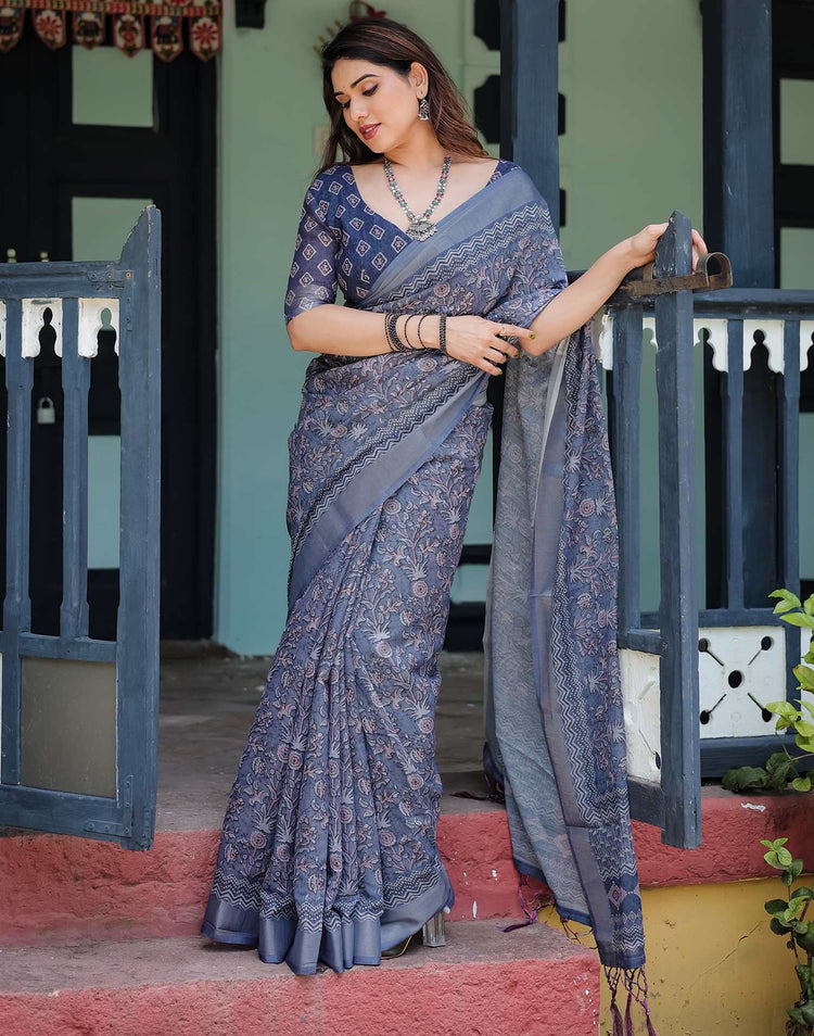 Blue Linen Printed Saree