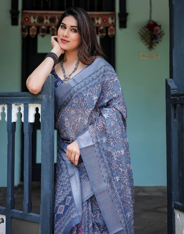 Blue Linen Printed Saree