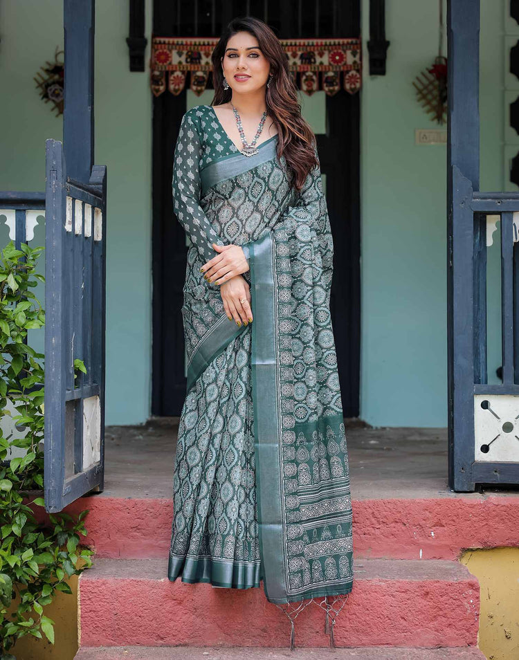 Rama Green Linen Printed Saree