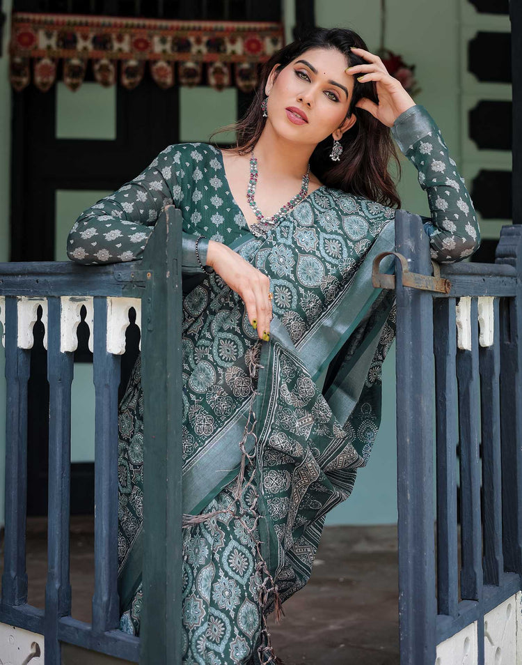 Rama Green Linen Printed Saree