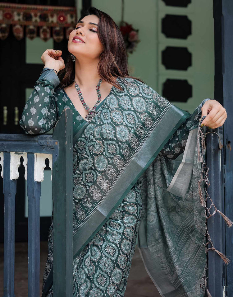 Rama Green Linen Printed Saree