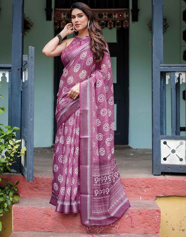 Rani Pink Linen Printed Saree