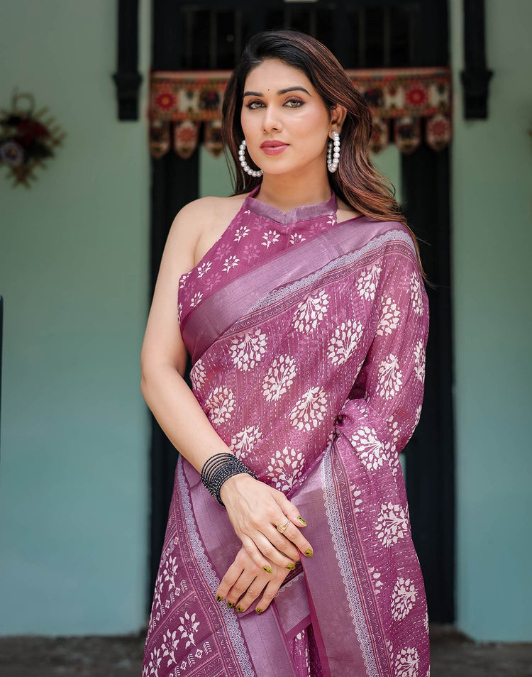 Rani Pink Linen Printed Saree
