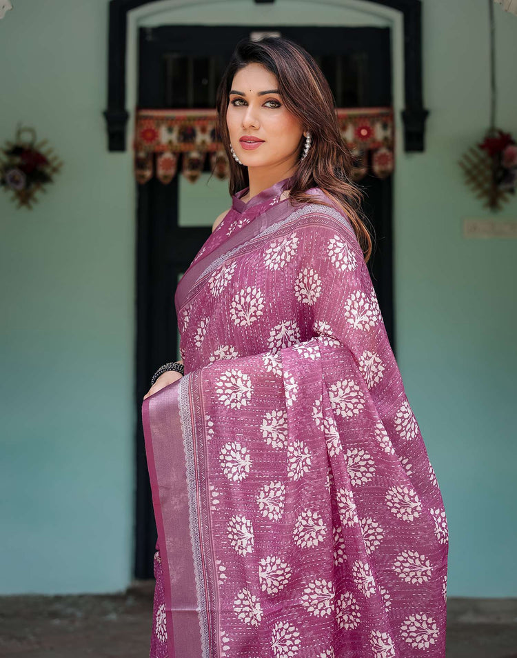 Rani Pink Linen Printed Saree