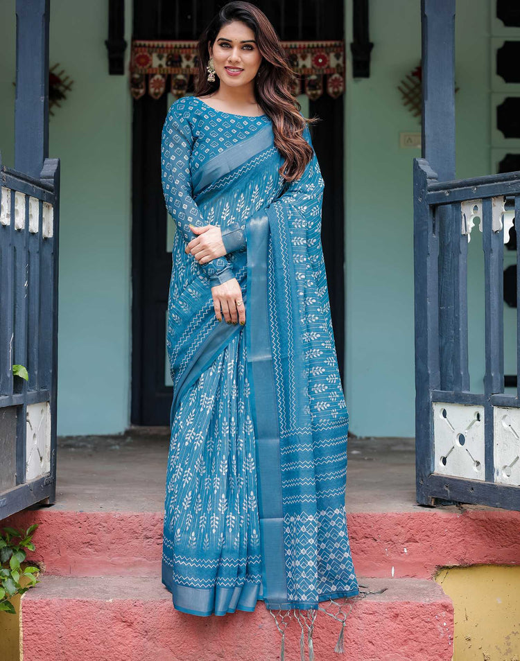 Blue Linen Printed Saree