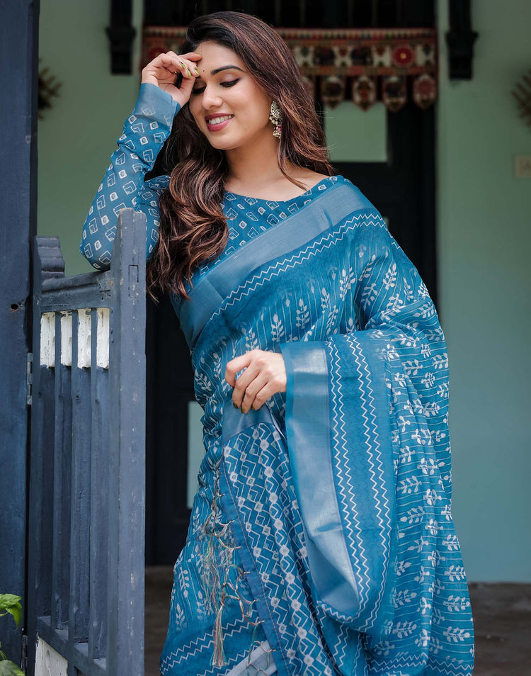 Blue Linen Printed Saree