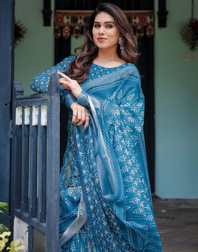 Blue Linen Printed Saree