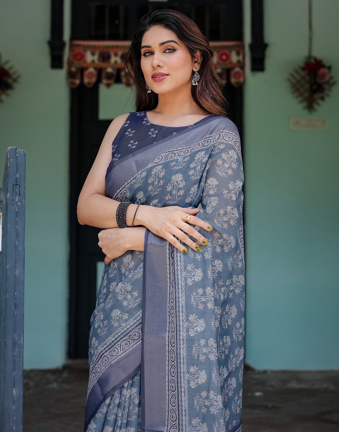 Dusty Blue Linen Printed Saree