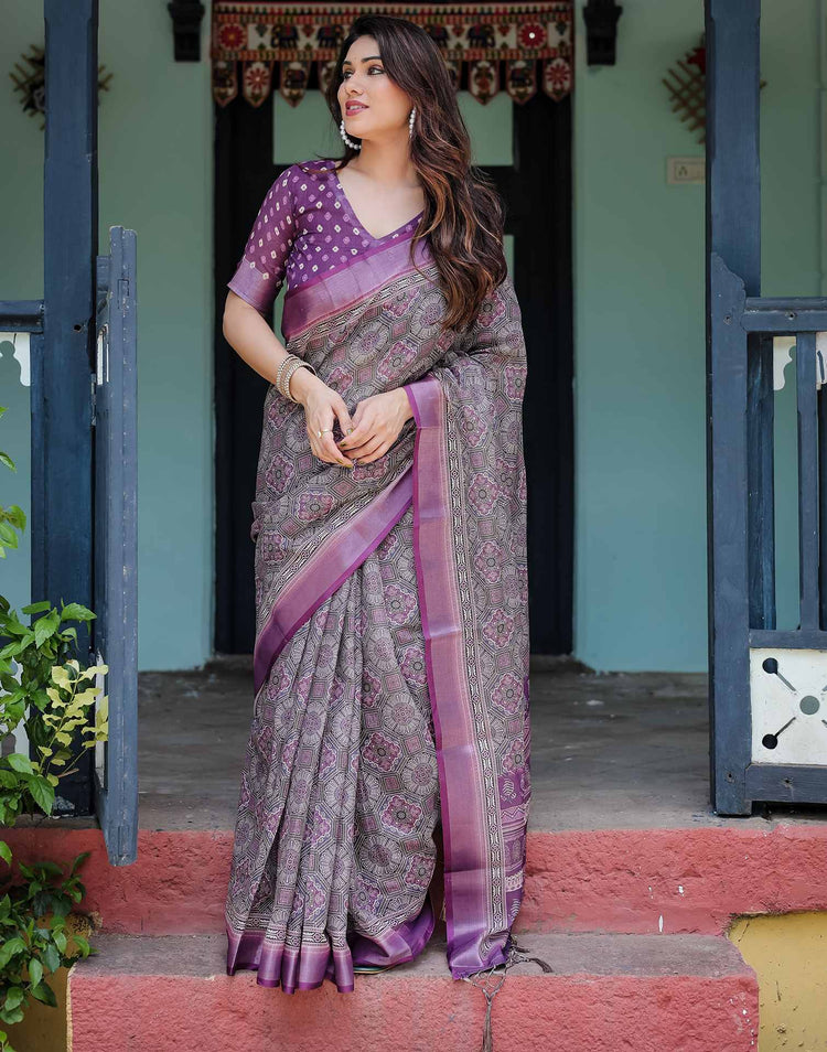 Dark Purple Linen Printed Saree