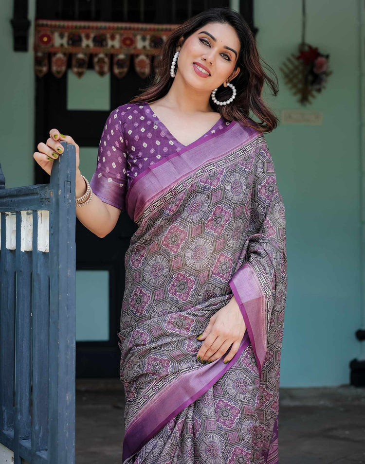 Dark Purple Linen Printed Saree