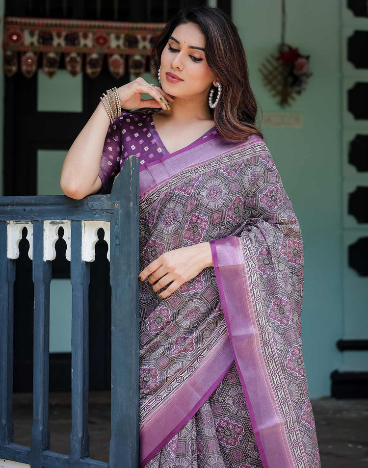 Dark Purple Linen Printed Saree