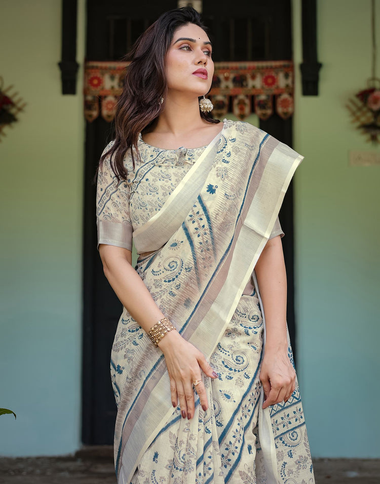 Cream Linen Printed Saree