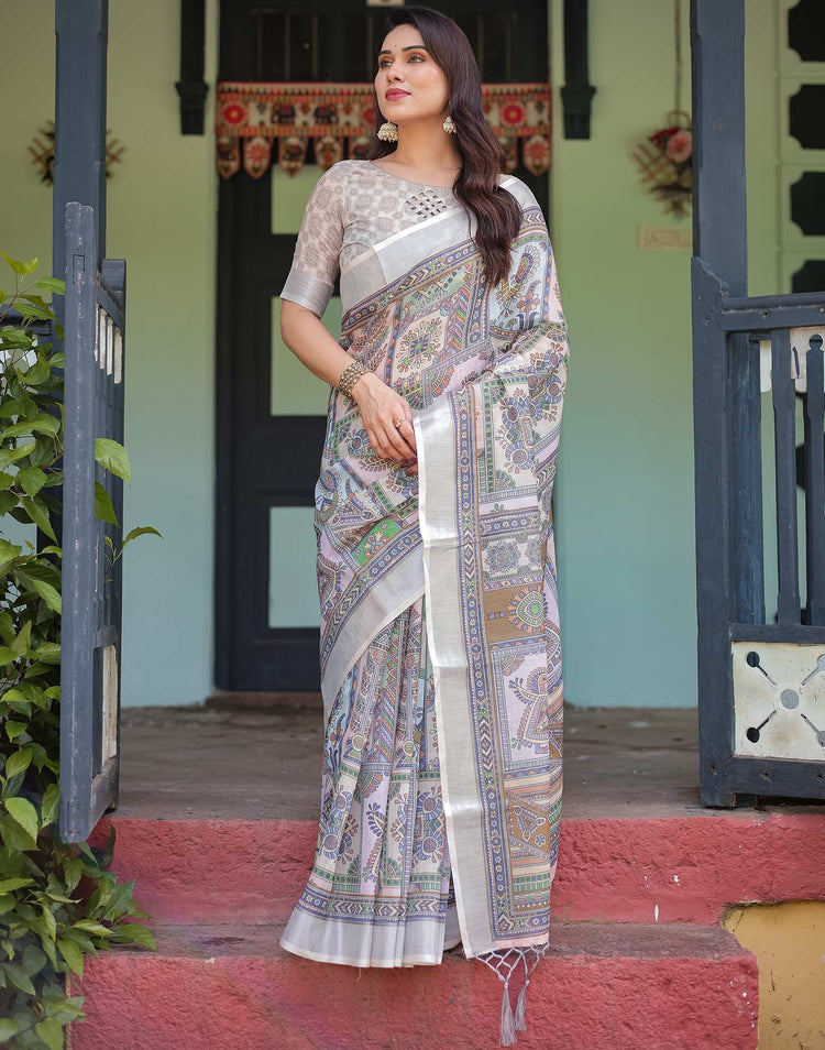 Cream Linen Printed Saree