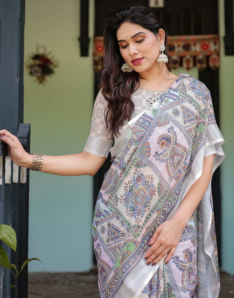 Cream Linen Printed Saree