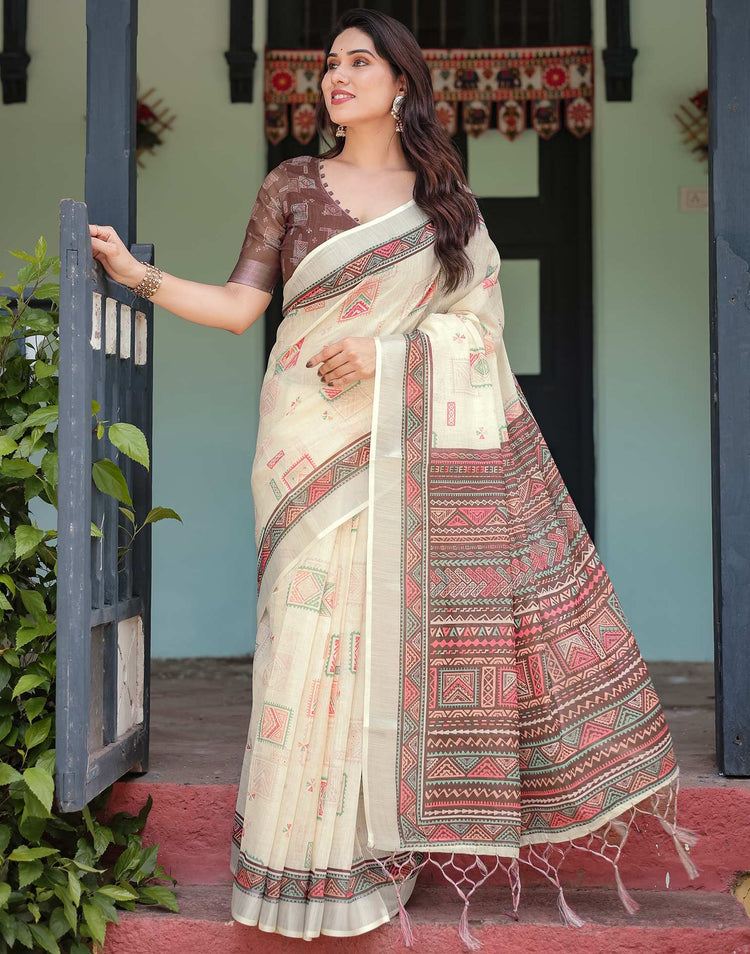 Cream Linen Printed Saree