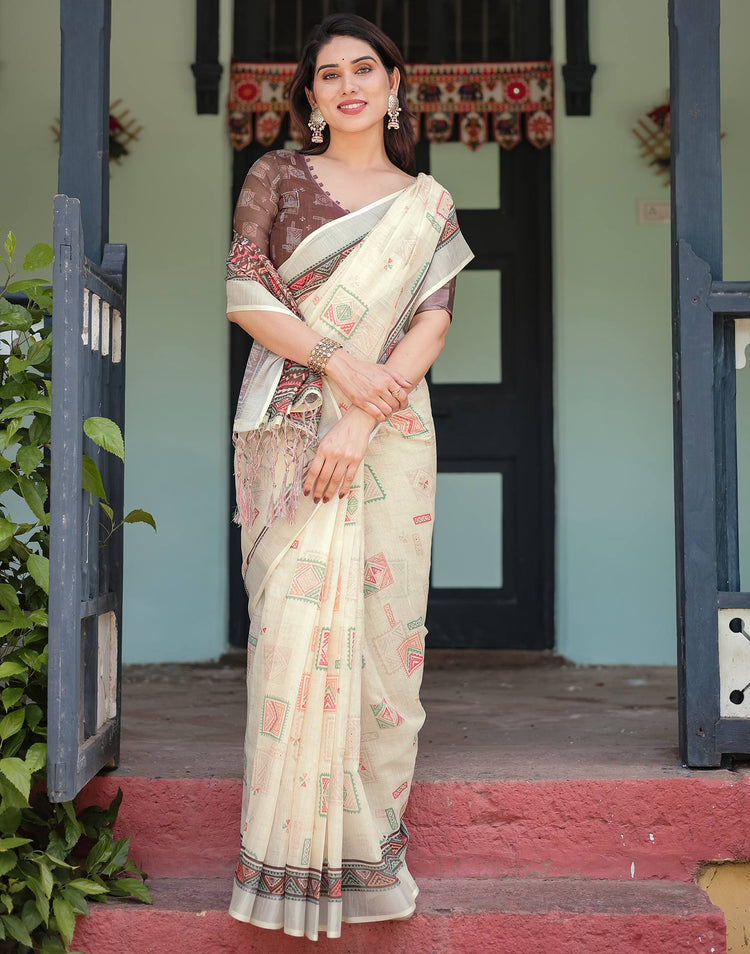 Cream Linen Printed Saree