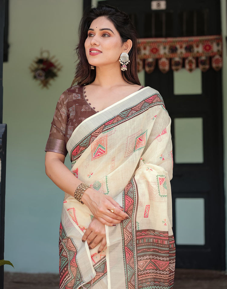 Cream Linen Printed Saree