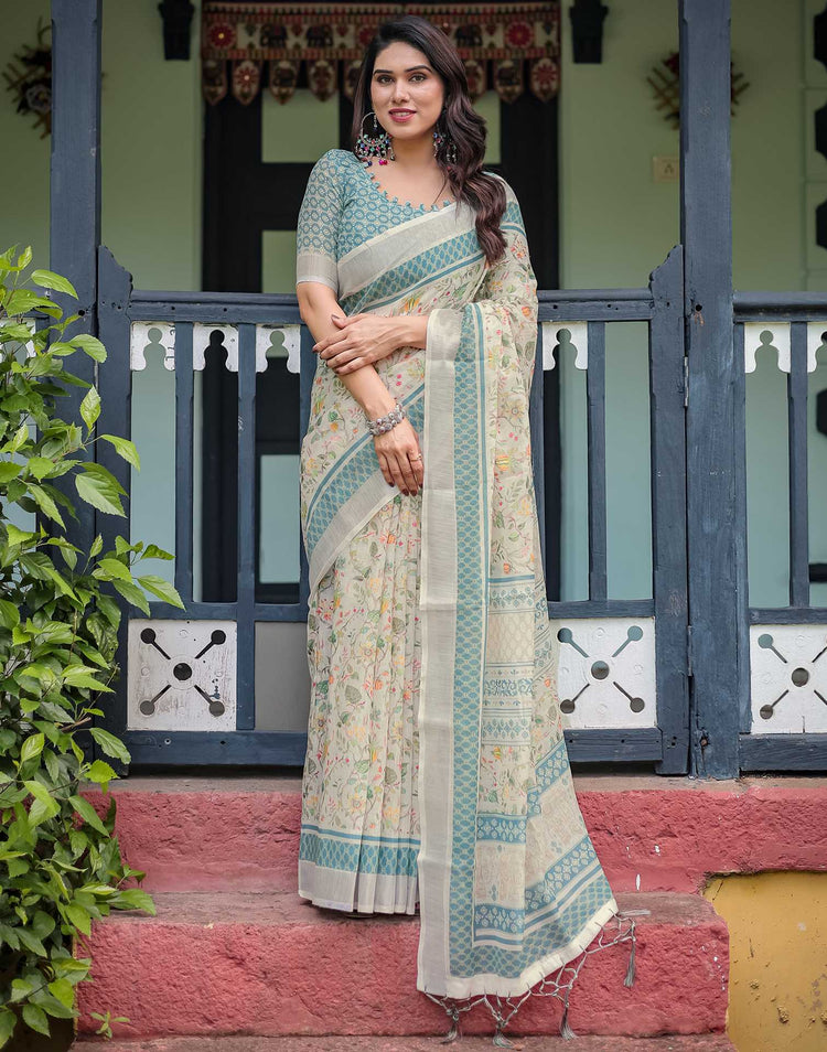 Cream Linen Printed Saree