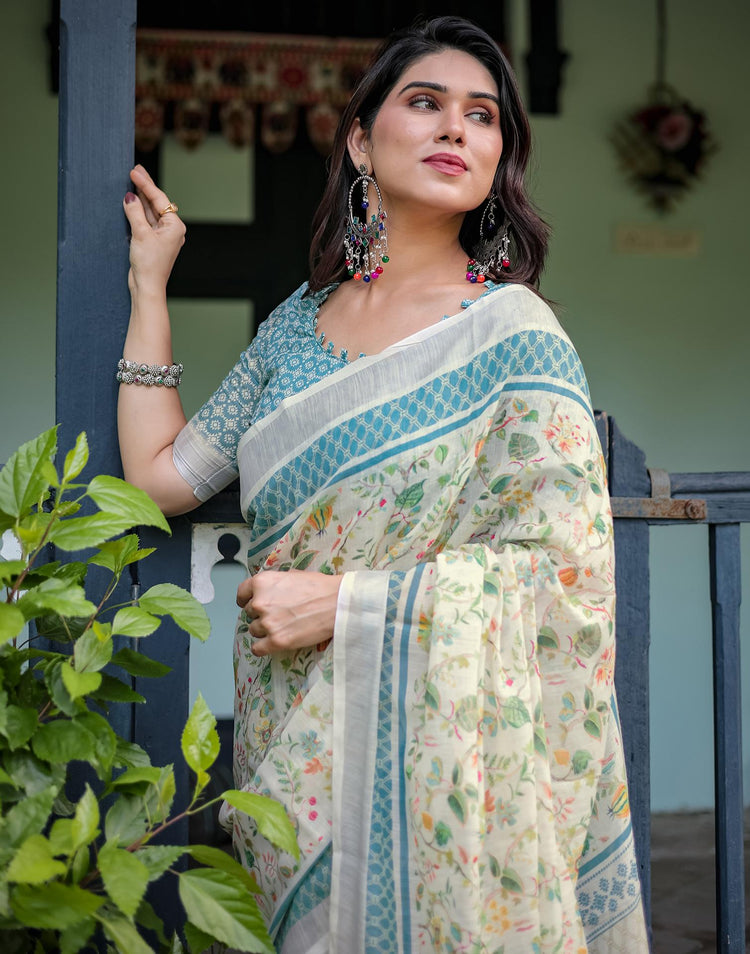 Cream Linen Printed Saree