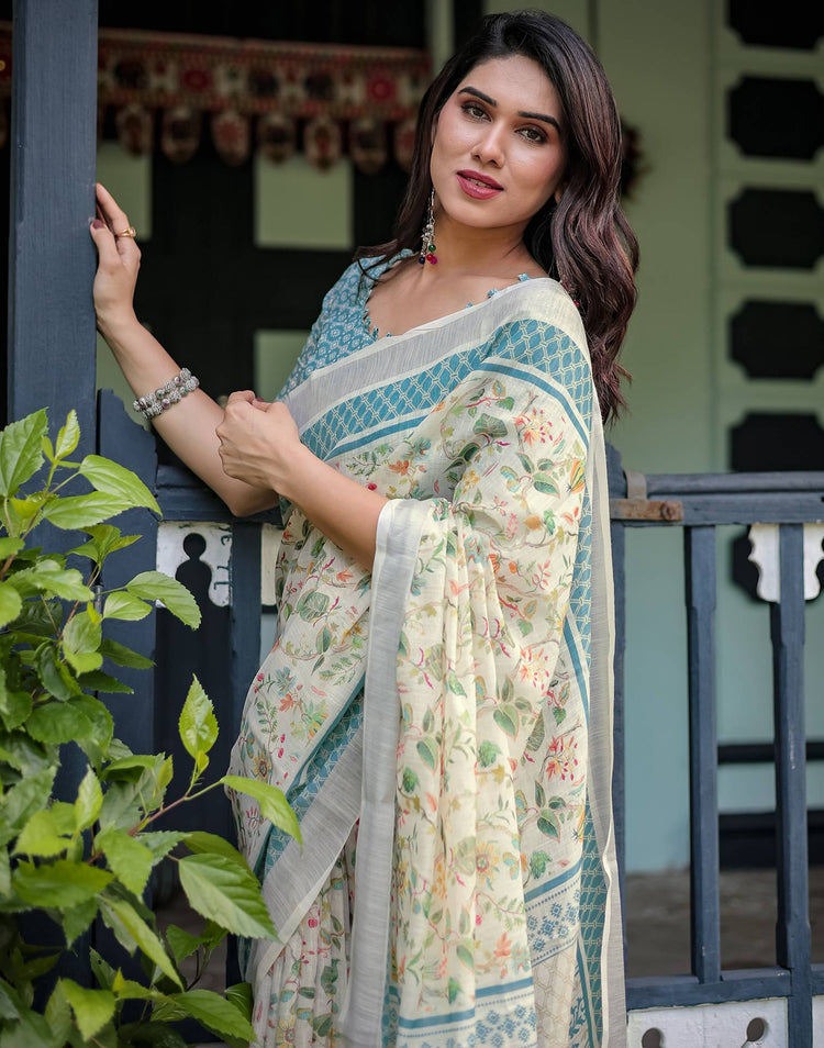 Cream Linen Printed Saree