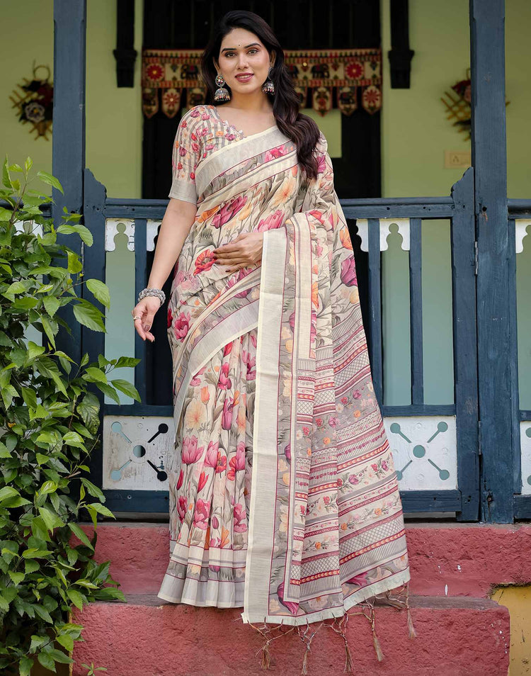 Cream Linen Printed Saree