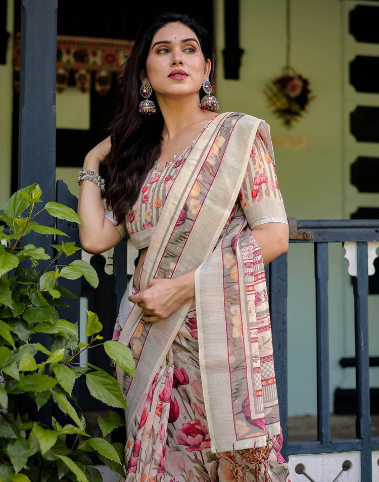 Cream Linen Printed Saree