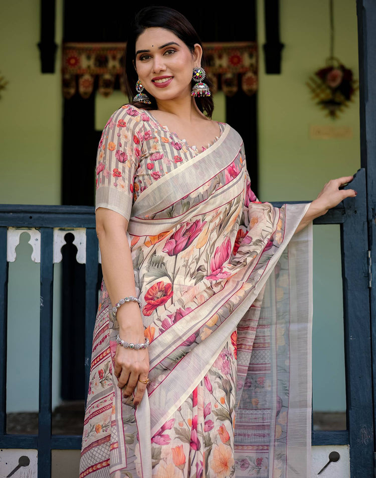Cream Linen Printed Saree