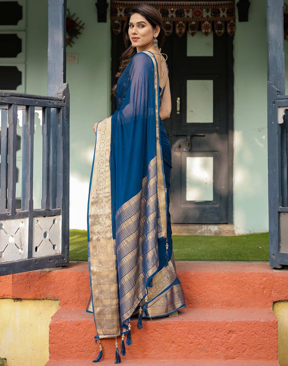 Rama Blue Chiffon Woven Solid Saree