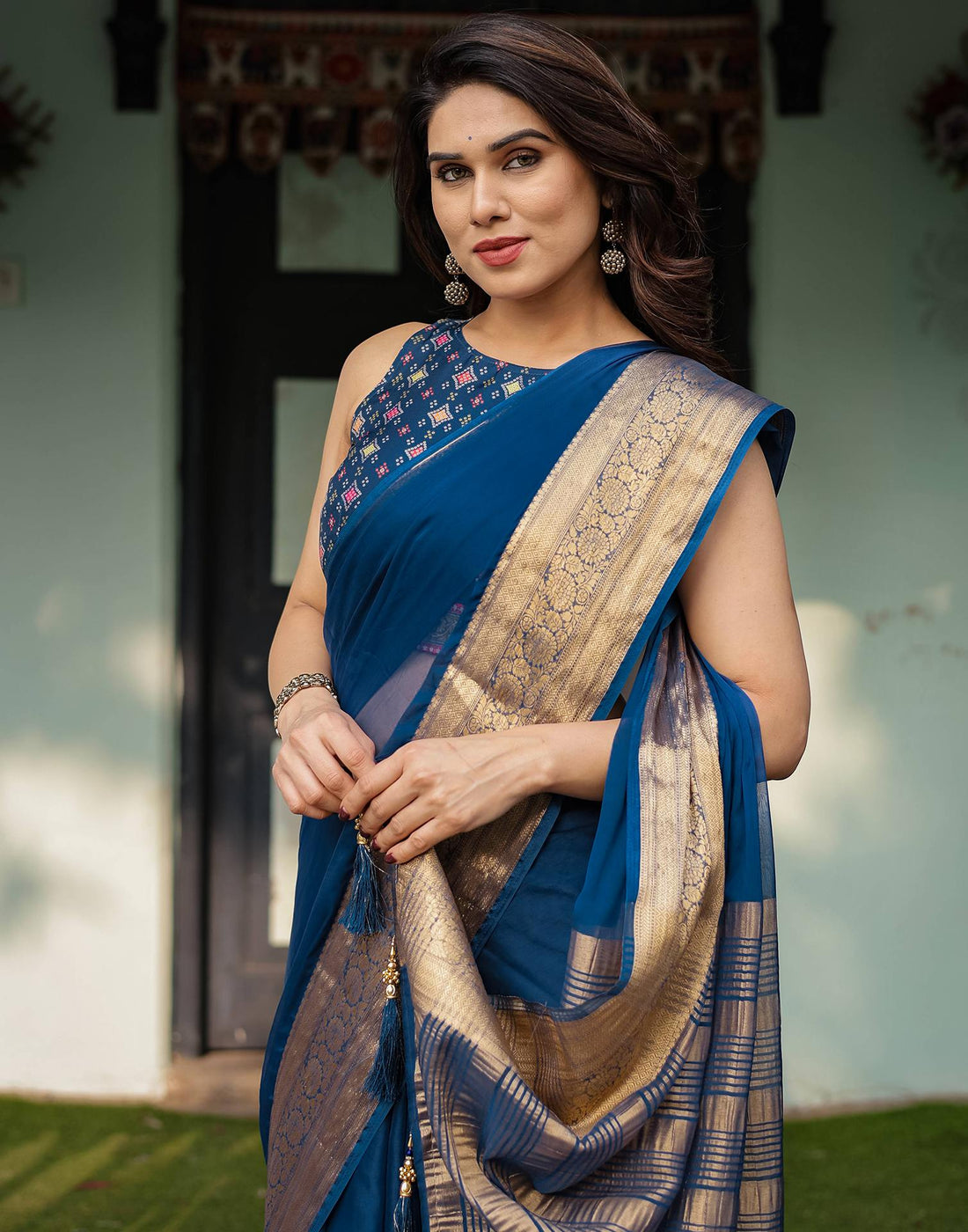 Rama Blue Chiffon Woven Solid Saree