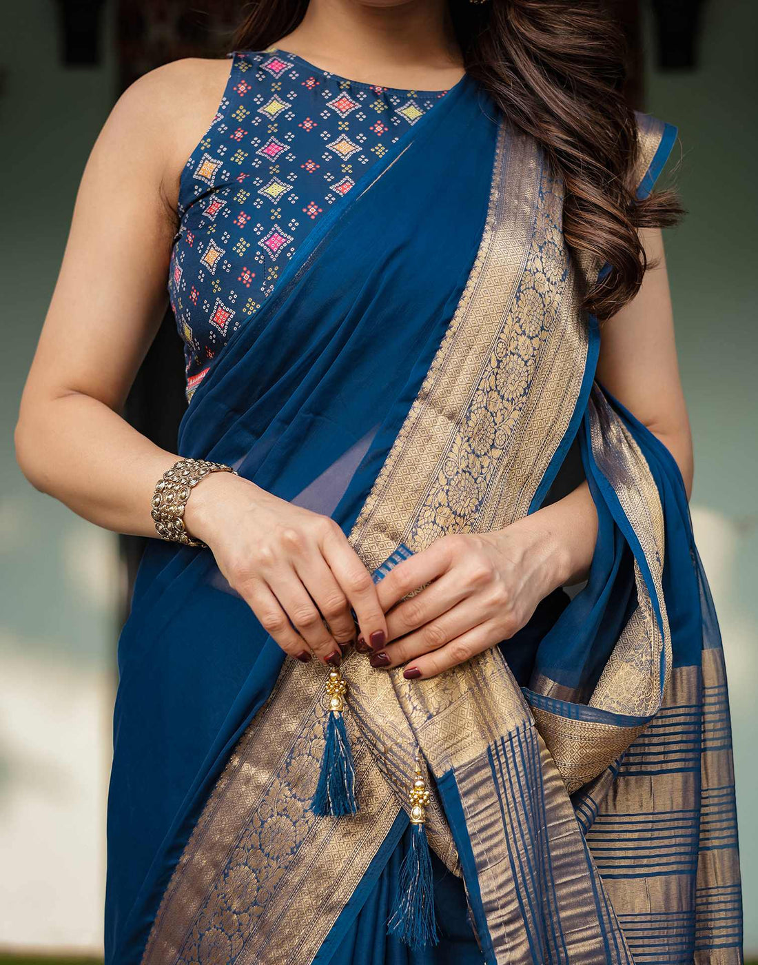 Rama Blue Chiffon Woven Solid Saree