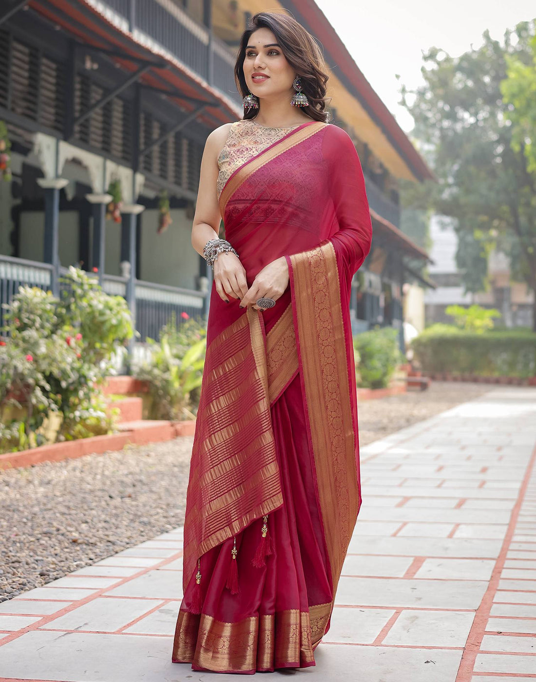 Rani Pink Chiffon Woven Solid Saree