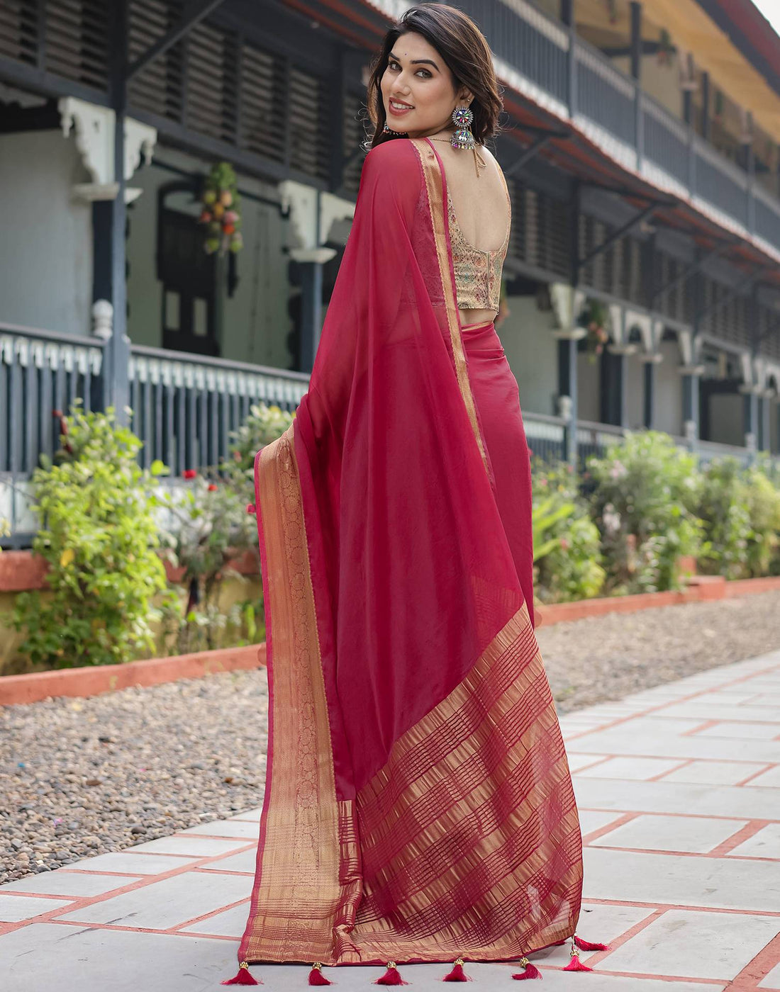 Rani Pink Chiffon Woven Solid Saree