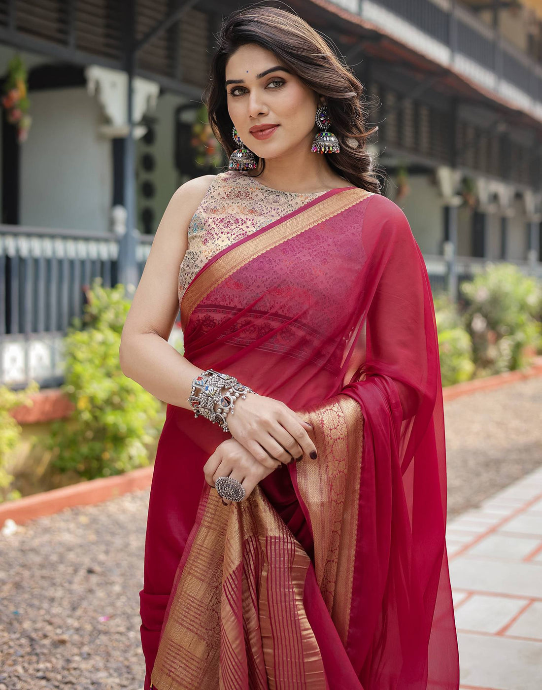 Rani Pink Chiffon Woven Solid Saree