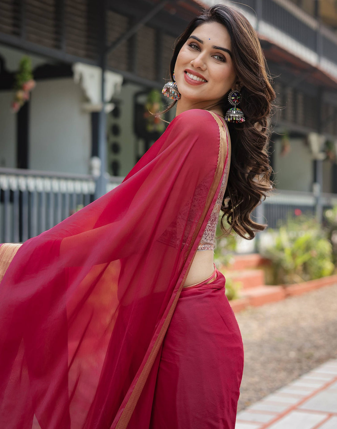 Rani Pink Chiffon Woven Solid Saree