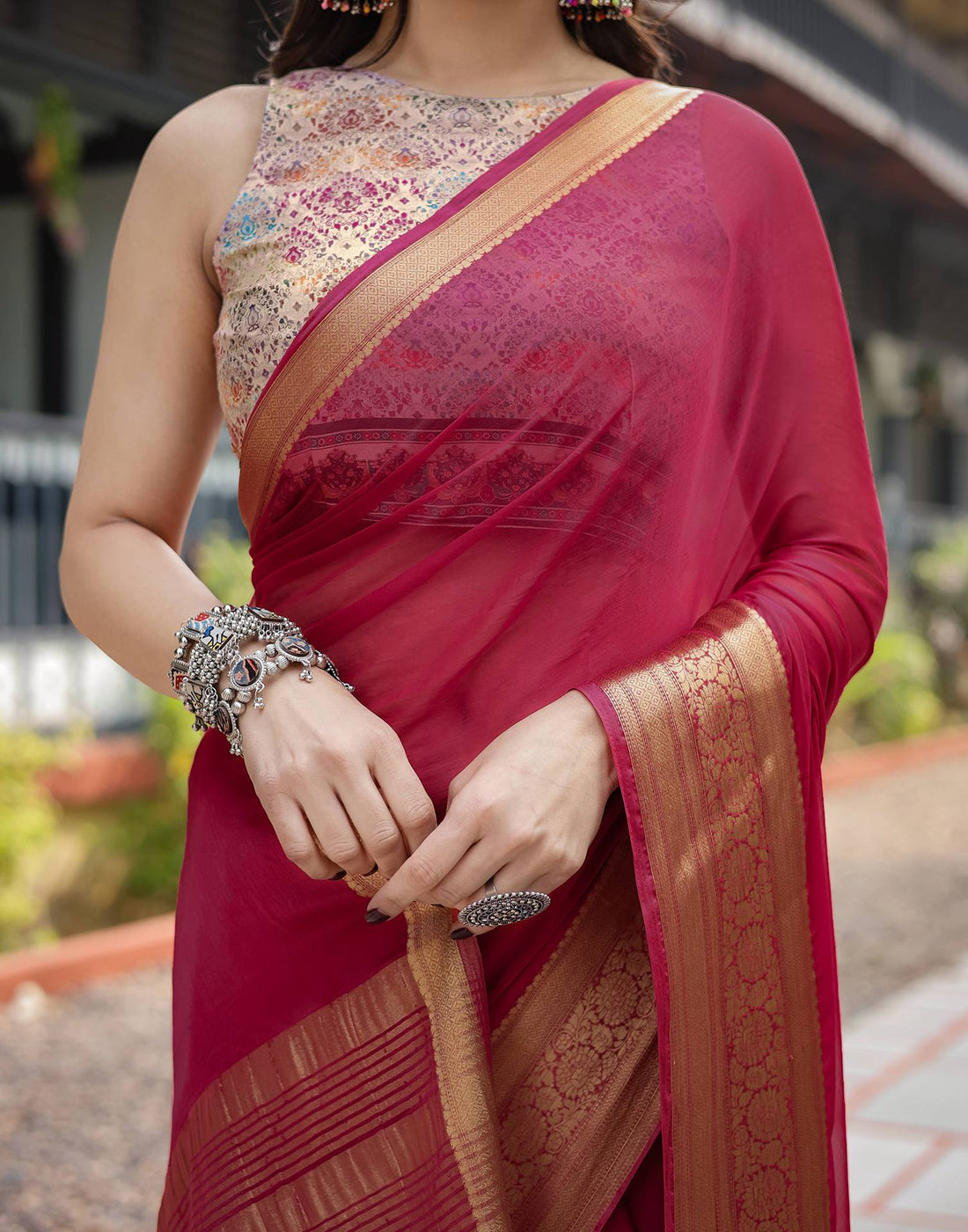 Rani Pink Chiffon Woven Solid Saree