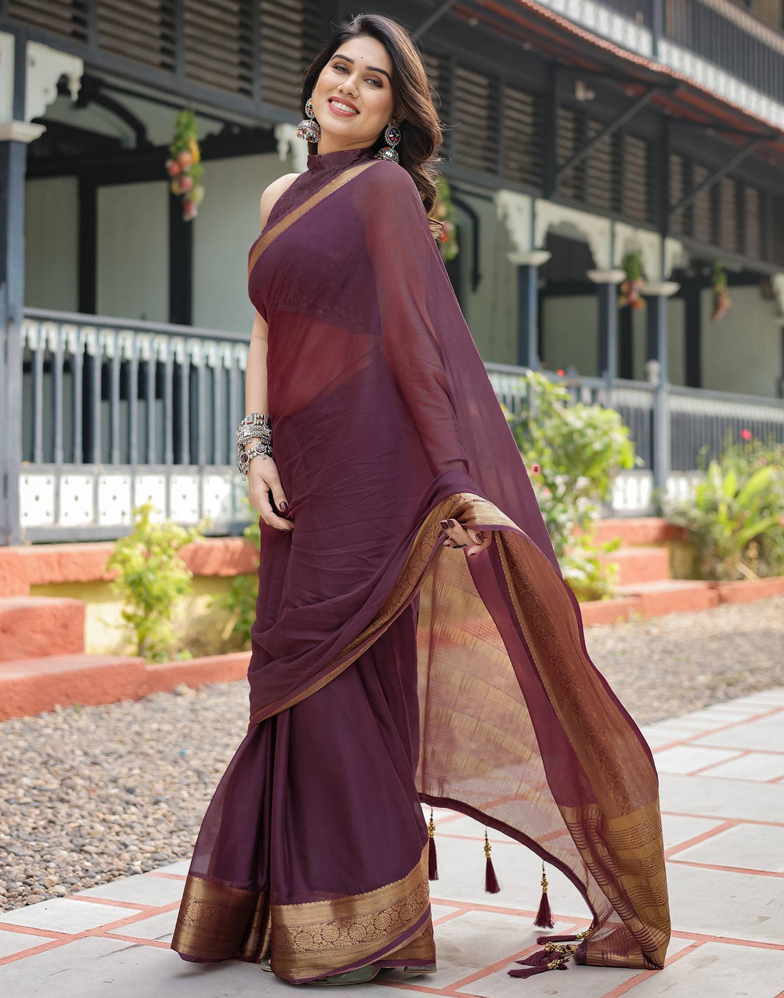 Wine Chiffon Woven Solid Saree