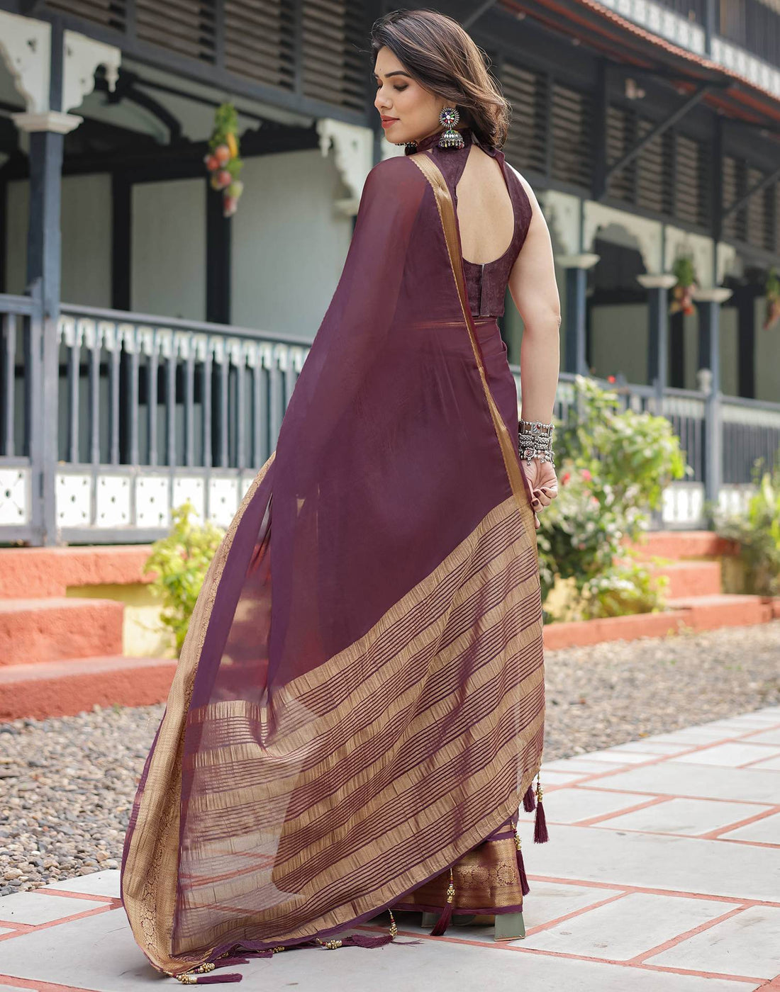 Wine Chiffon Woven Solid Saree