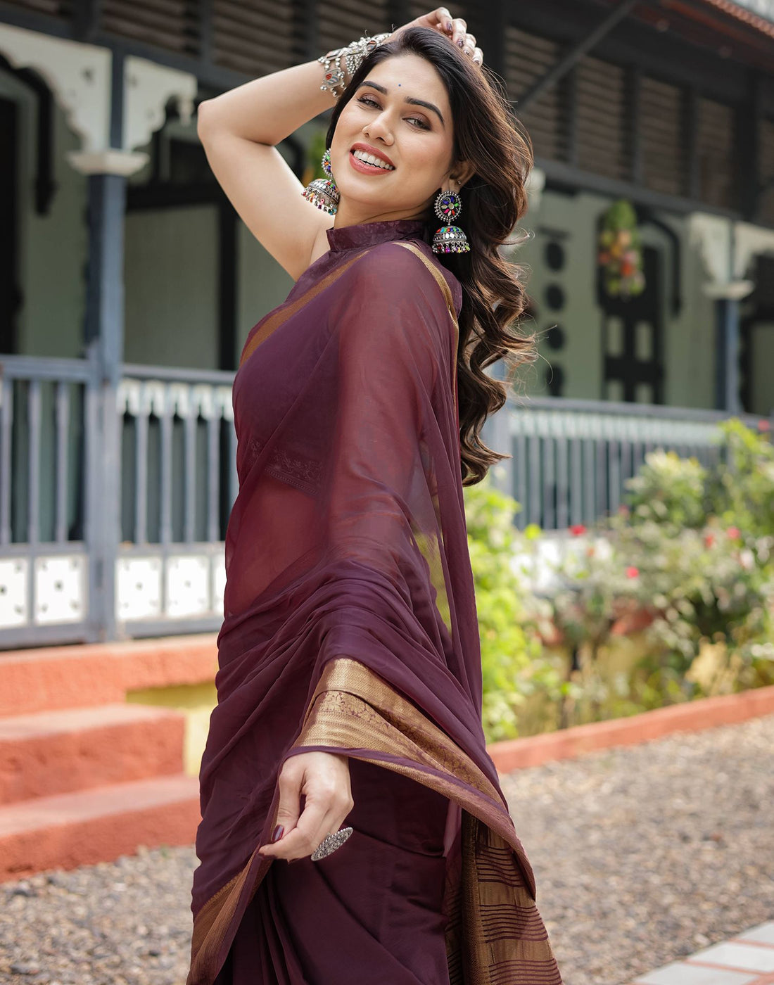 Wine Chiffon Woven Solid Saree